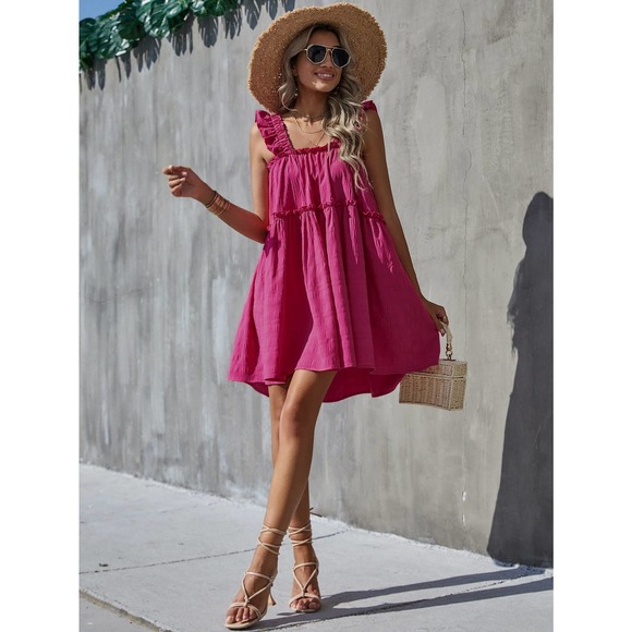 Boho Frill Trim Ruffle Hem square neck Dress red - Picture 4 of 7